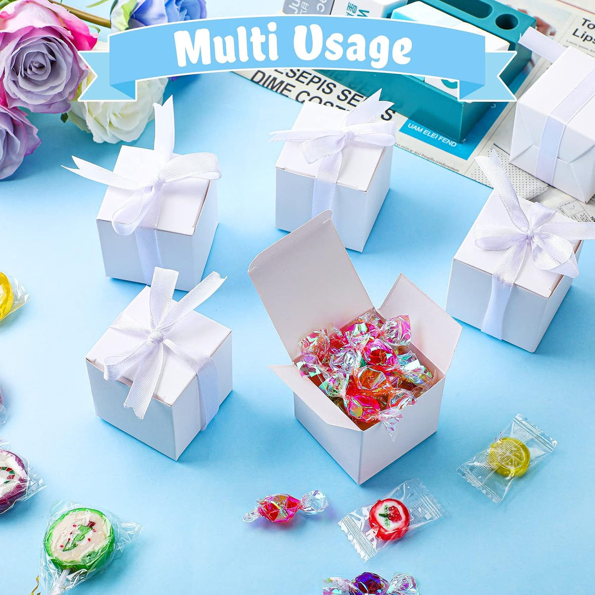 200 Pcs 2 x 2 x 2 Inch White Candy Gift Box, with Ribbon