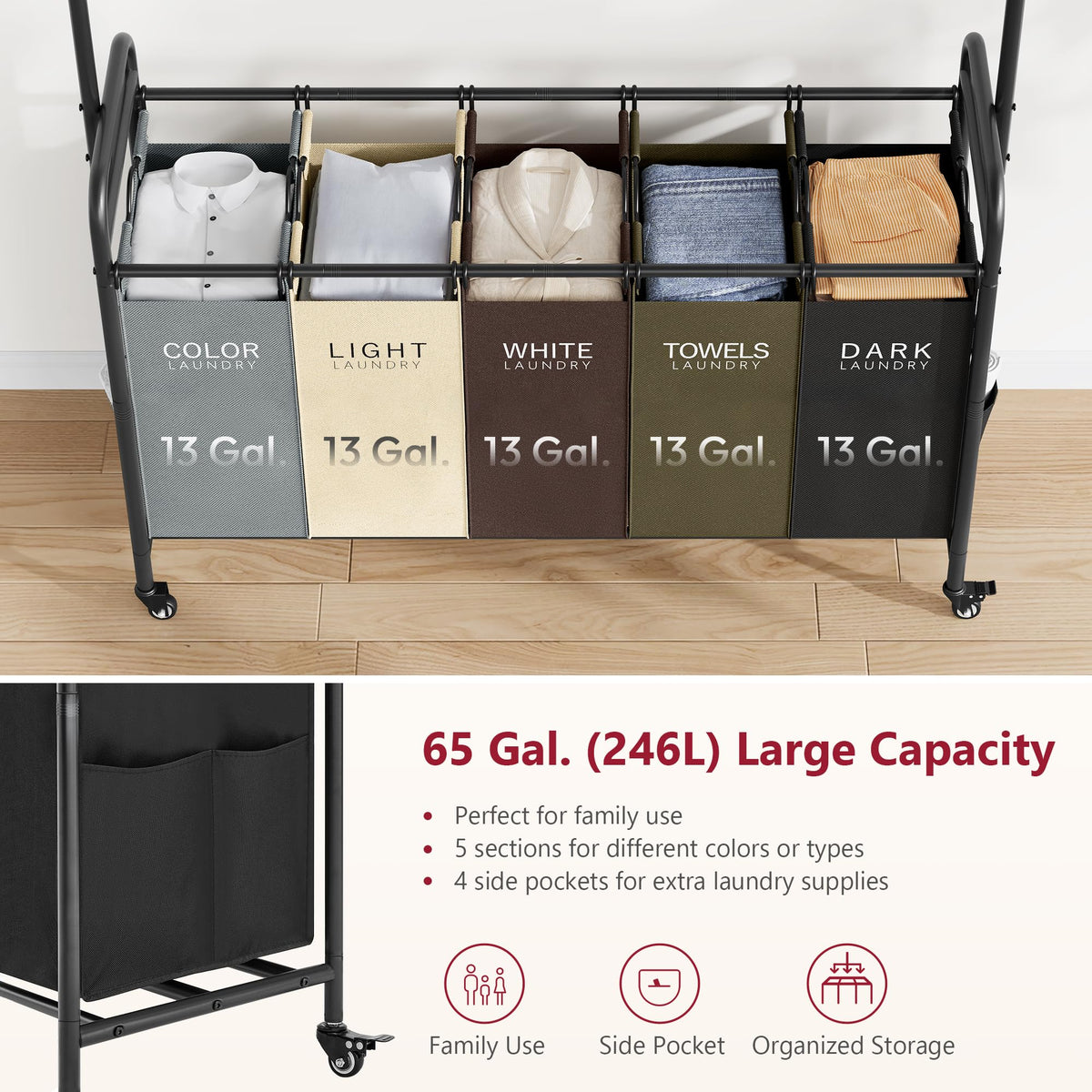 Laundry Sorter Cart with Hanging Rack, 5 Section, 5 Colors