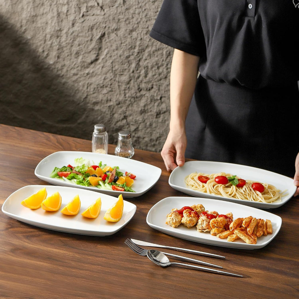 White Rectangular Plate Set, Ceramic Large Serving Platters, 12 Inch Dessert Trays for Party, Entertaining, Food