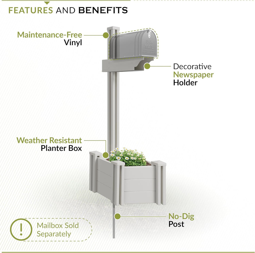 Zippity Majestic Mailbox Post w/Planter Box, White Vinyl DIY No Dig Kit | 1 Post + Planter Box, Mailbox Sold