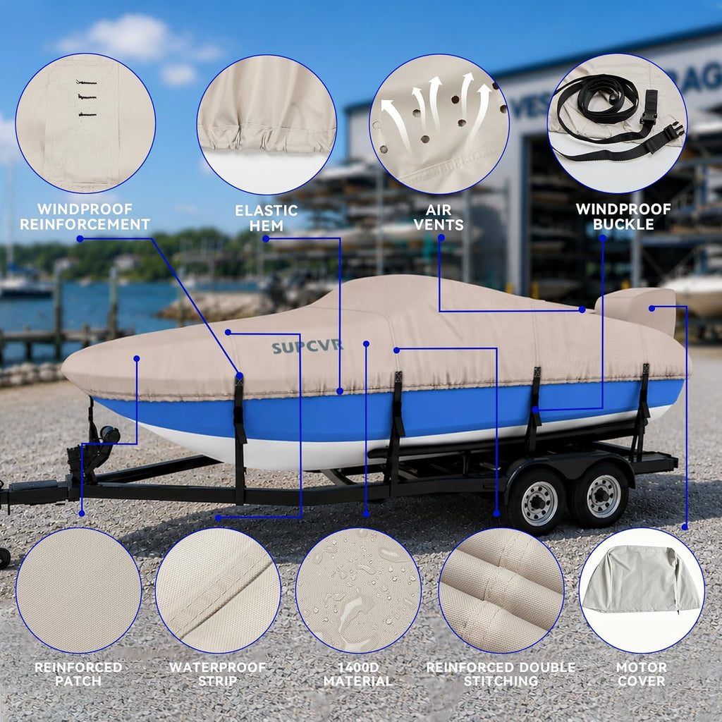 1400D Heavy Duty Waterproof Boat Cover,Tear-Resistant,Trailerable,Enhanced Windproof Buckles,with Storage Bag