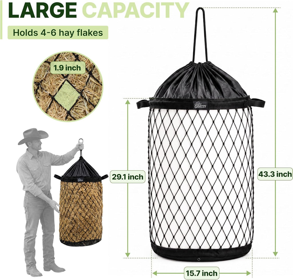 Slow Feed Hay Bag for Horses, Heavy Duty Hay Net for Horses Goats Sheep Donkey, Rigid Quick Fill Collar, 1.9 in Mesh