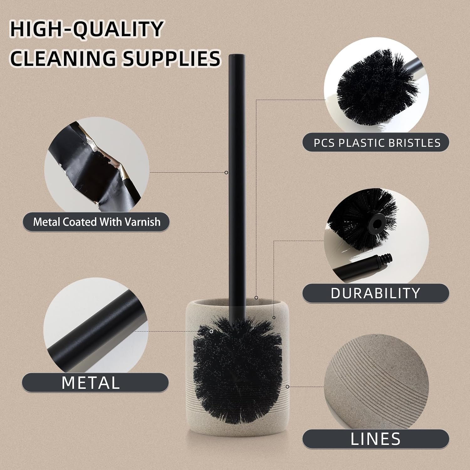 Toilet Brush and Holder Set, 2 PCS,Simple Sandstone Look,Beige | Decorative Toilet Bowl Brush and Holder