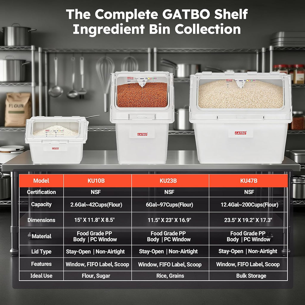 2.6 Gallon / 42 Cup Commercial Shelf Ingredient Bin with Scoop, Stackable Food Storage Container with Clear Flip Lid