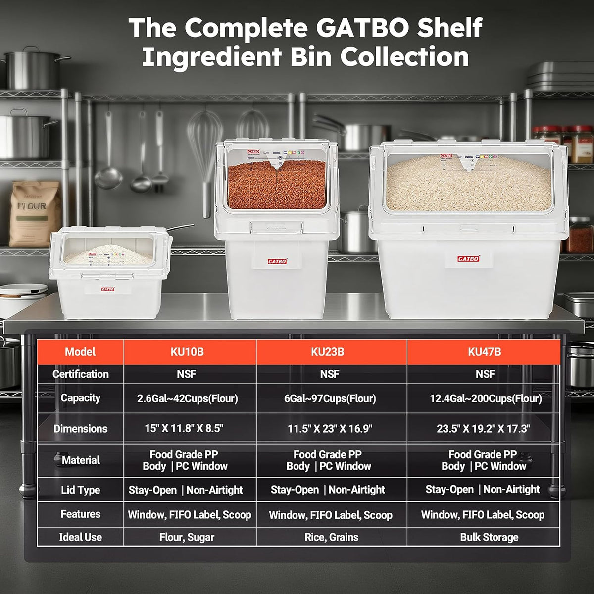 2.6 Gallon / 42 Cup Commercial Shelf Ingredient Bin with Scoop, Stackable Food Storage Container with Clear Flip Lid