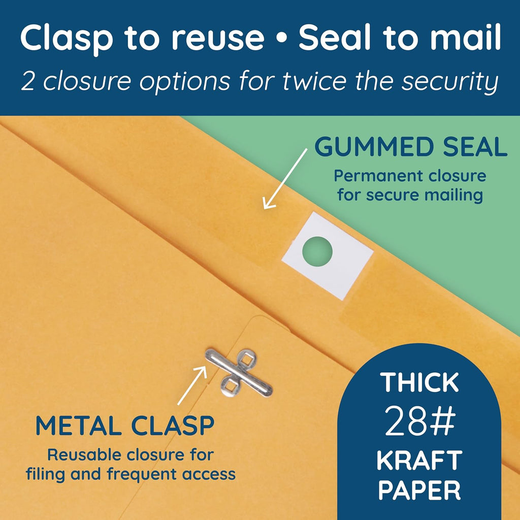 100 10" x 15" Kraft Clasp Envelopes, Gummed Seal