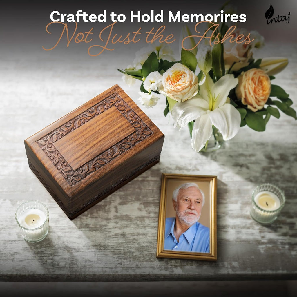 Rosewood Cremation Urn for Human Ashes, Carved Border, Medium 110 lb