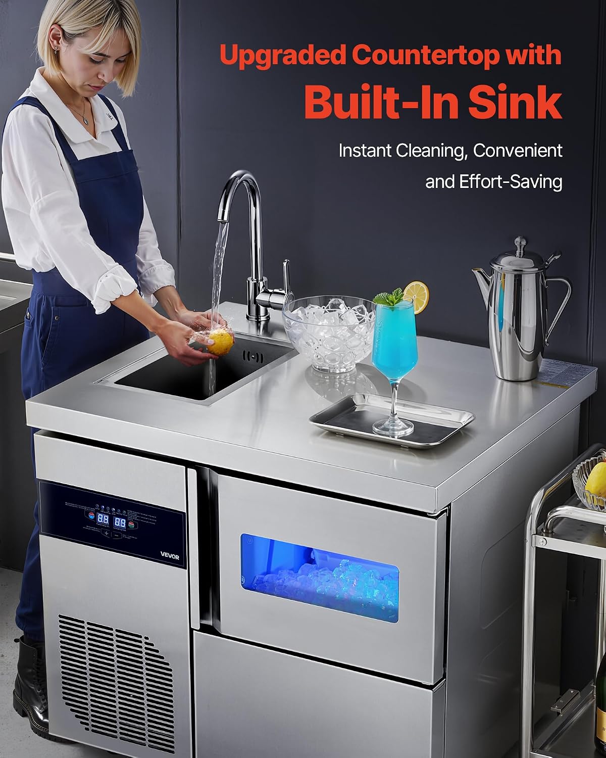 Commercial Ice Maker Machine, 132 lbs/24H Stainless Steel Worktop Ice Machine with Sink, 30 lbs Storage & 70