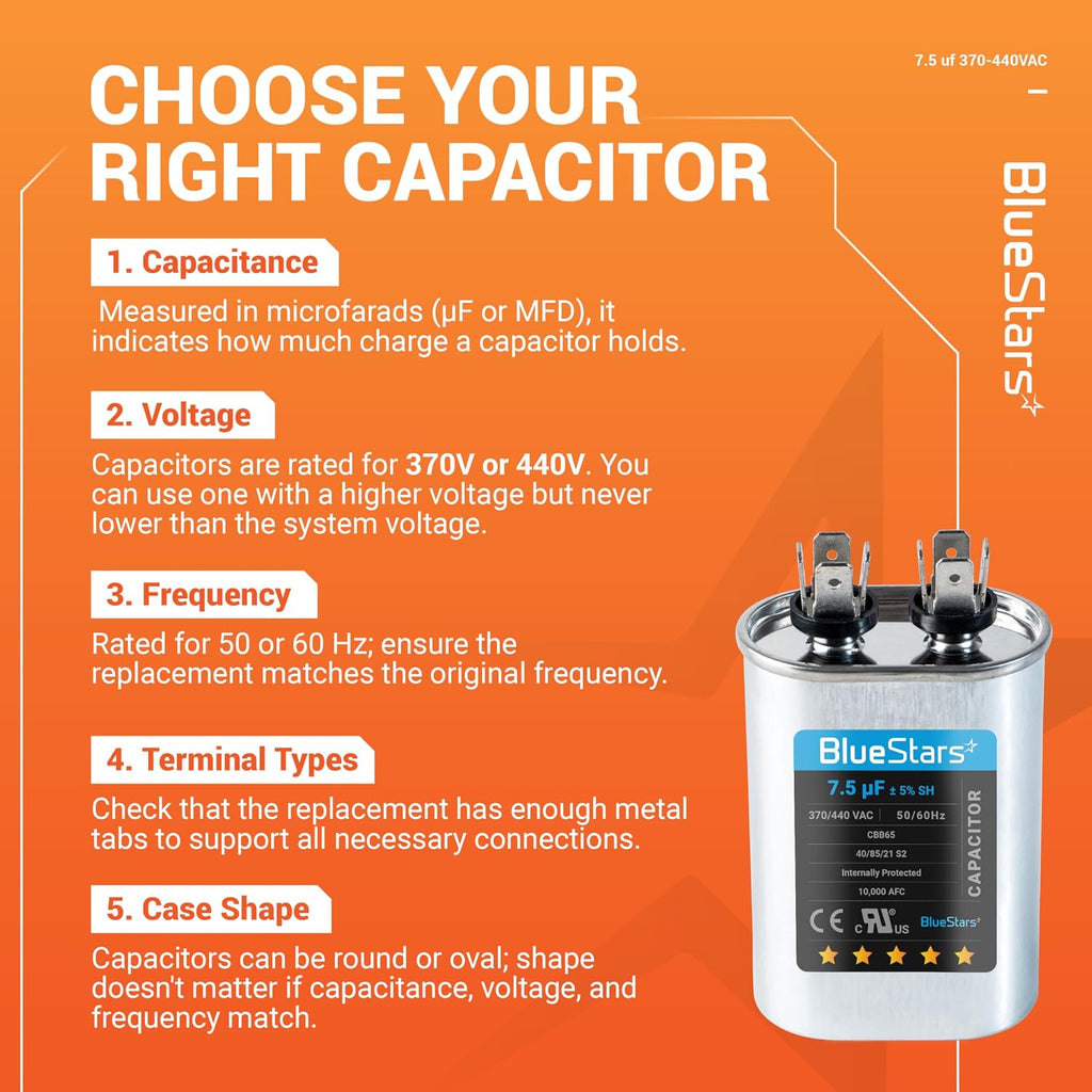 BlueStars 7.5 uF MFD 370 or 440 Oval Run Capacitor TP-CAP-80/5/440R