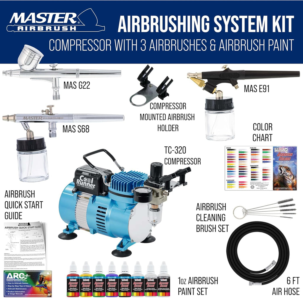 Cool Runner II Airbrush Kit with Dual Fan Air Compressor, 3 Airbrushes, 6 Color Acrylic Paint Set, Cleaning Brushes &