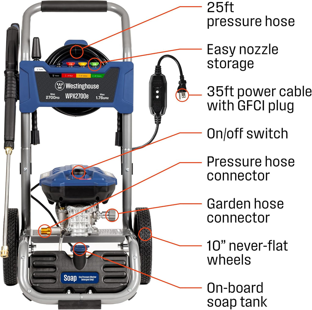 WPX2700e Electric Pressure Washer, 2700 Max PSI and 1.76 Max GPM, Induction Motor, Onboard Soap Tank, Spray Gun and