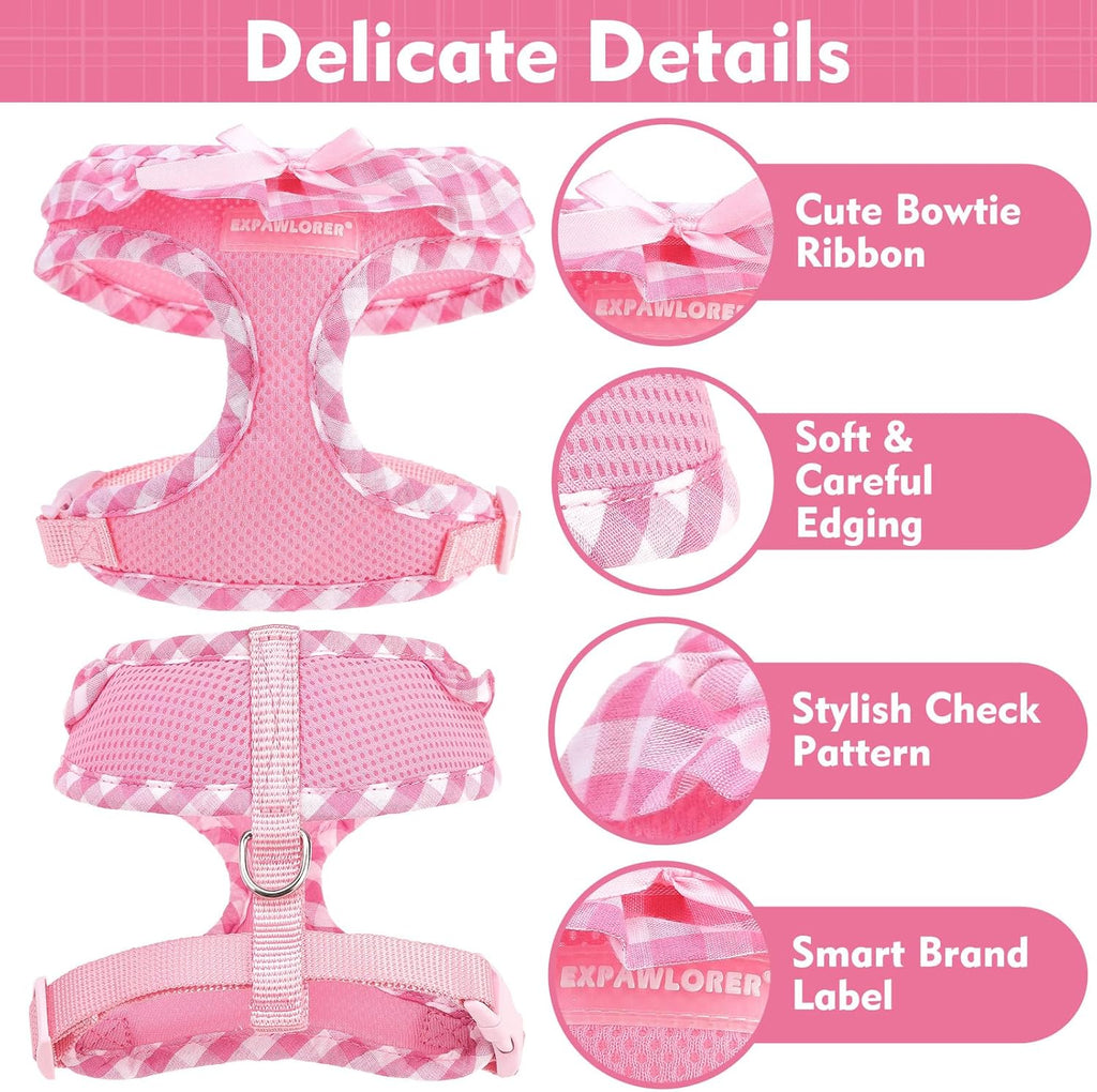 Cute Dog Harness Collar Leash Set - Pink Girl Dog Harness Checkered Step-in Design, Detachable Bow Pet Collar
