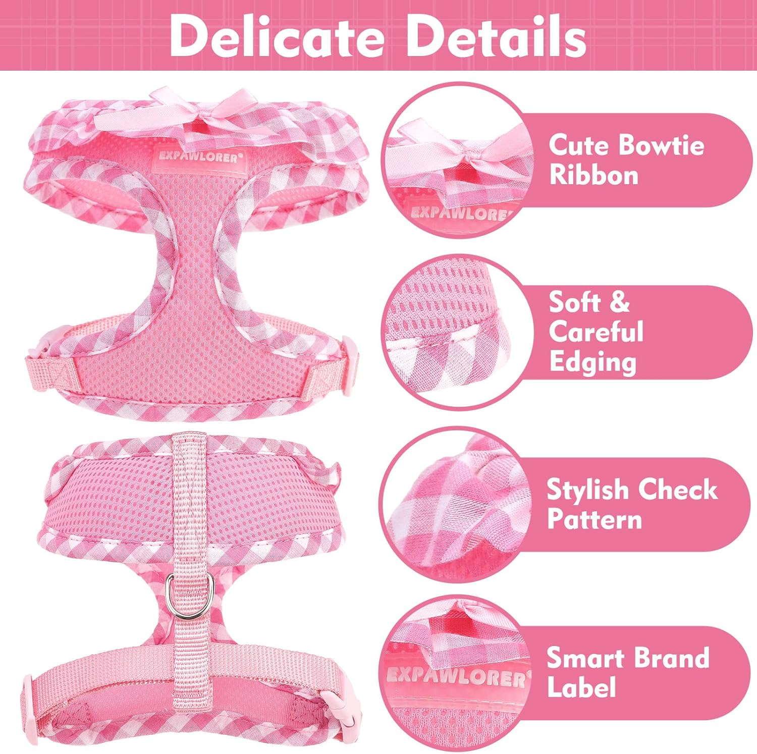 Cute Dog Harness Collar Leash Set - Pink Girl Dog Harness Checkered Step-in Design, Detachable Bow Pet Collar