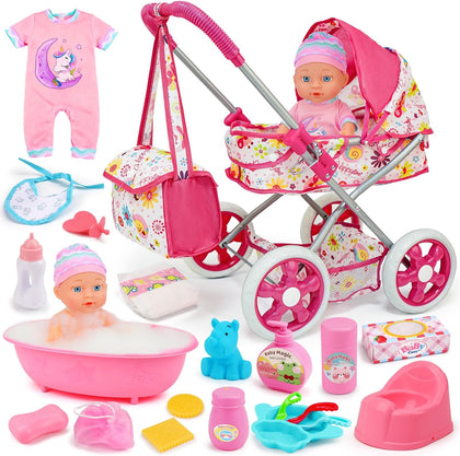 Baby Doll Stroller Set Toys for Girls Toddlers 3-5 4-6 5-7, Baby Doll Playset with 11" Doll, Bathtub and 20PCS Baby