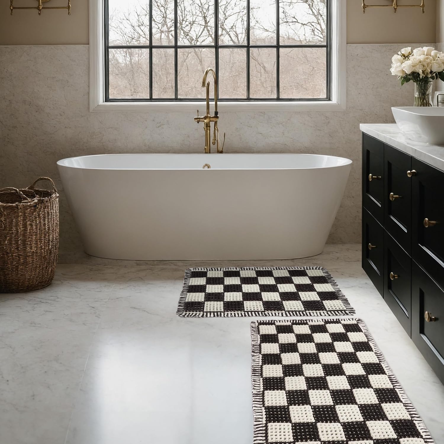 2 Piece Waffle Bathroom Rugs Checkered Bath Mat Set (17"x24" & 18"x30"), Black and White Weave Bathroom Rugs with