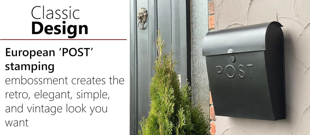 Locking Black Wall Mount Mailbox, Durable Euro Black Mailboxes for Outside, Features Pre Drilled Holes for Easy