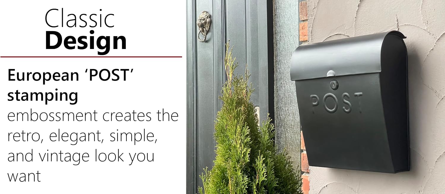 Locking Black Wall Mount Mailbox, Durable Euro Black Mailboxes for Outside, Features Pre Drilled Holes for Easy