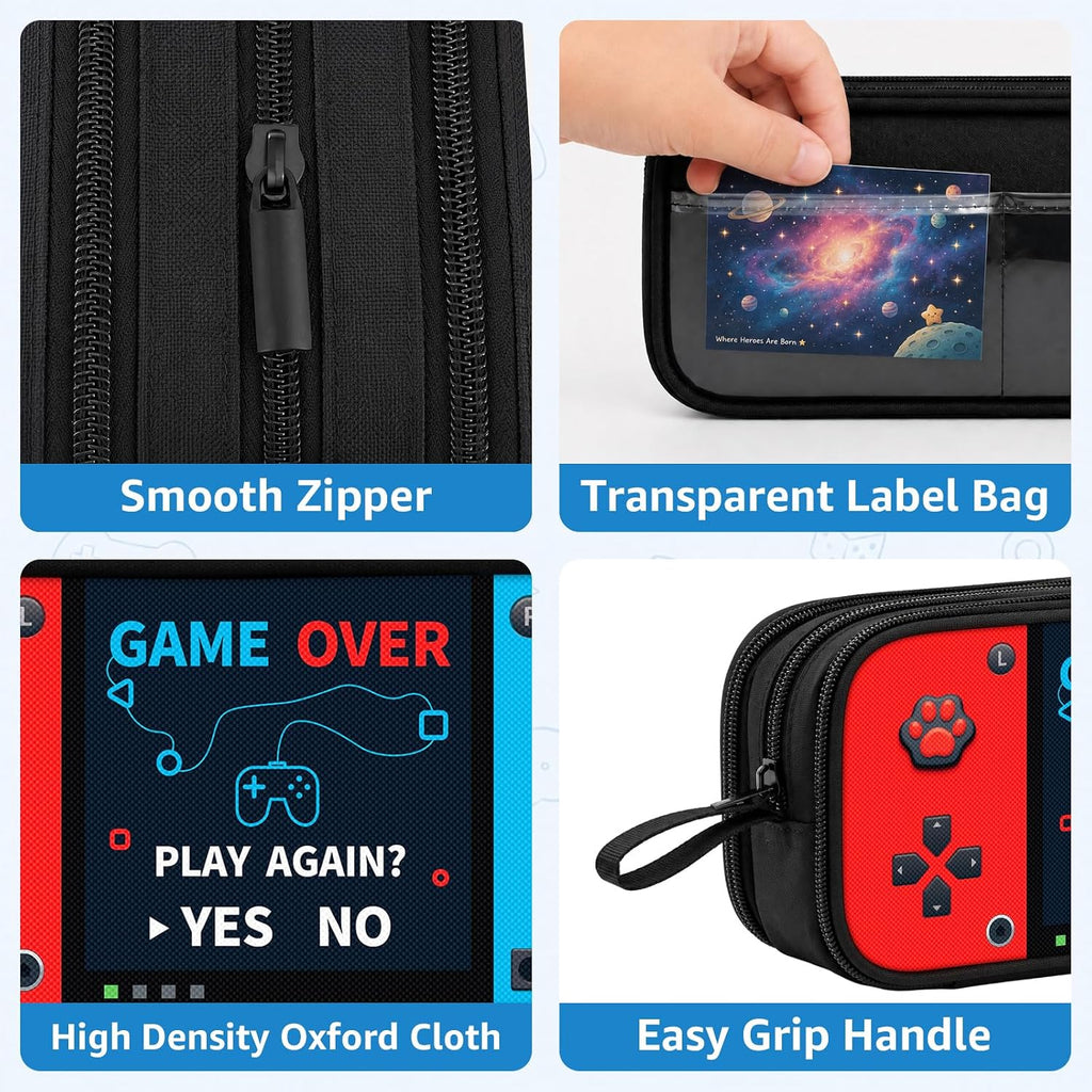 Game Controller Pencil Case for Boys Kids Teens, Large Capacity Pencil Pouch with 3 Compartments, 7 Pockets and Label