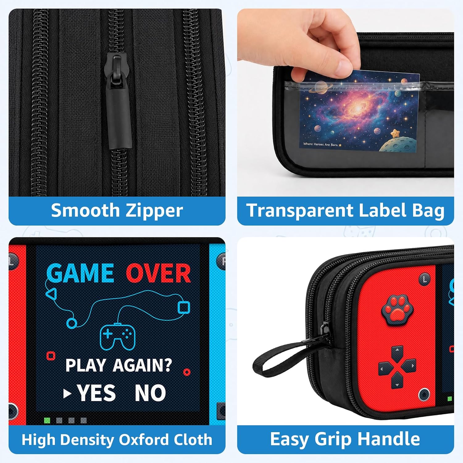 Game Controller Pencil Case for Boys Kids Teens, Large Capacity Pencil Pouch with 3 Compartments, 7 Pockets and Label