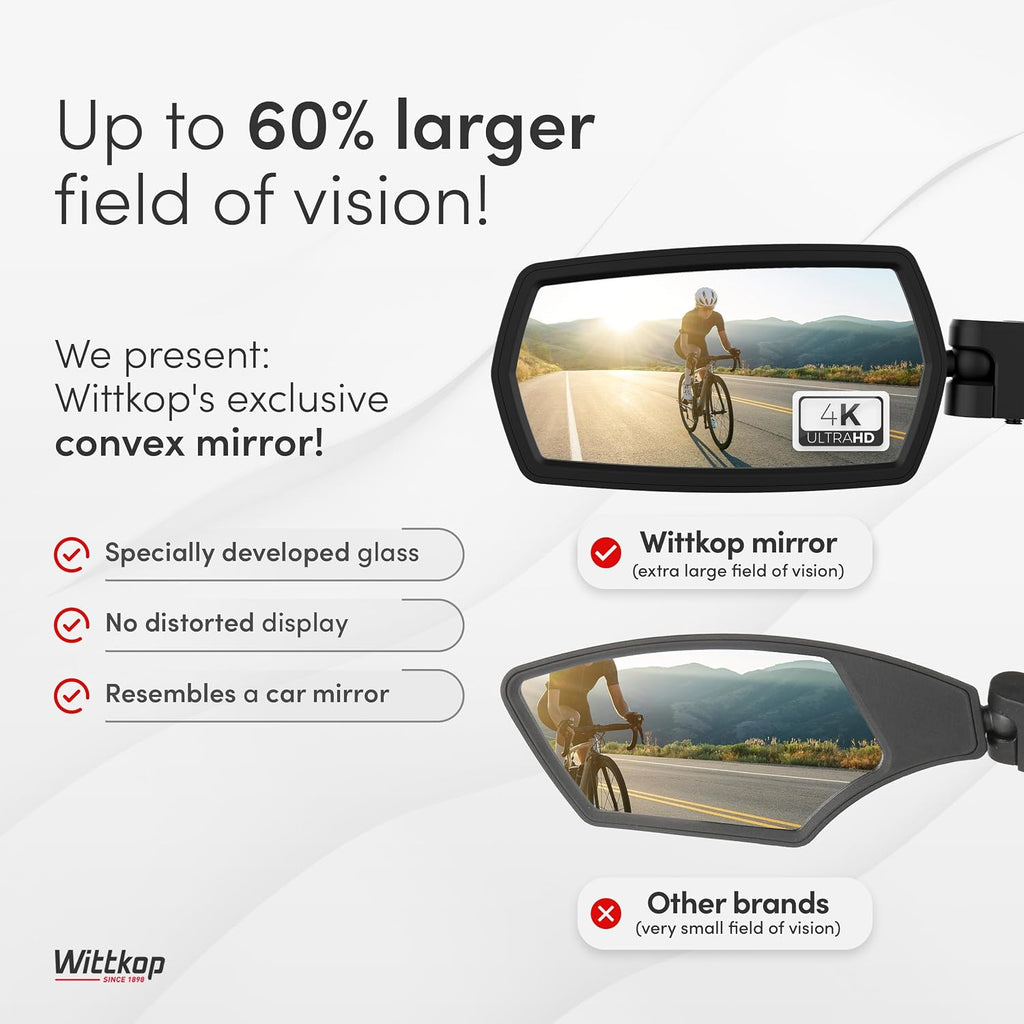 Bike mirror | Large HD field of vision | 360° rotatable & foldable | Mounting above & below | Break-proof & durable |