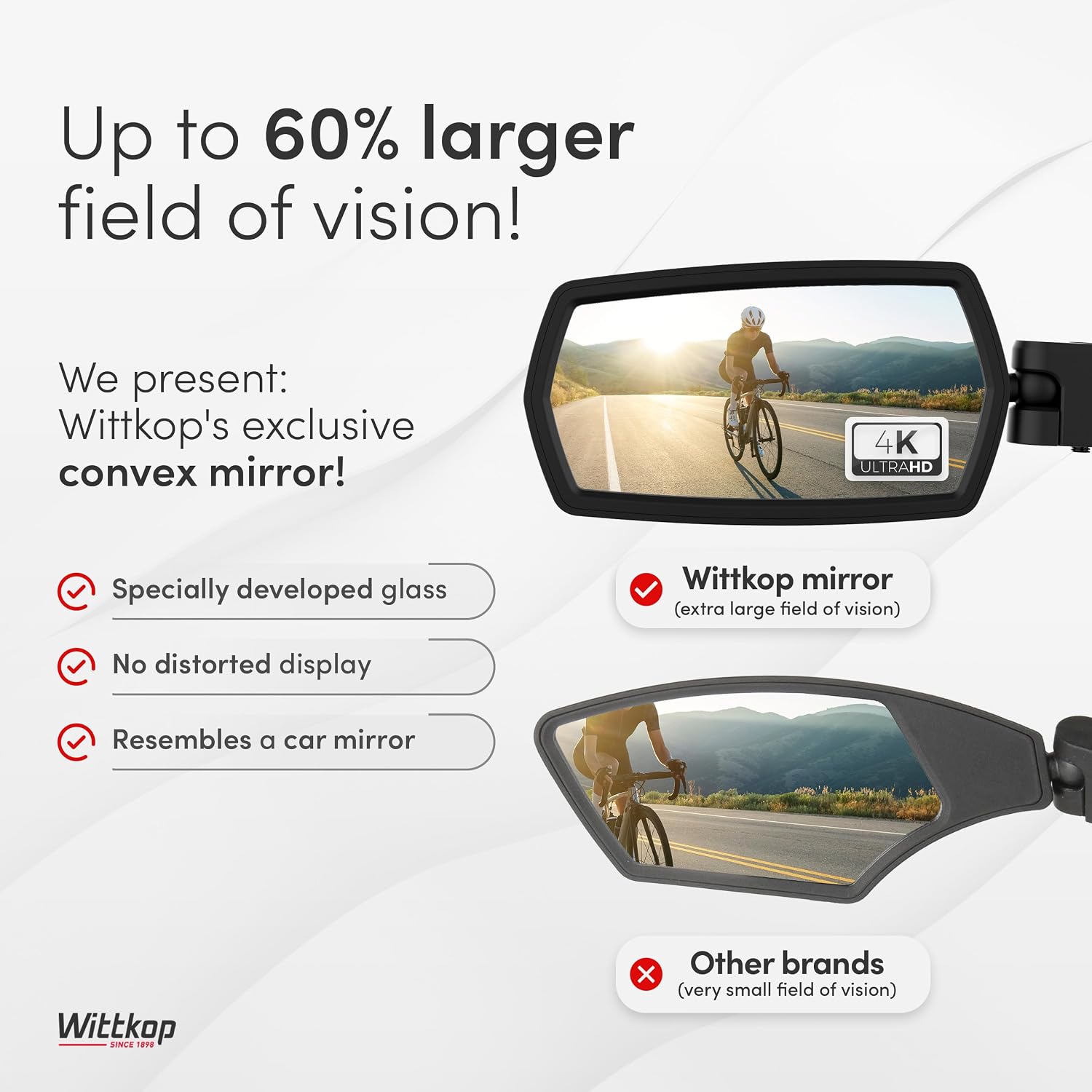 Bike mirror | Large HD field of vision | 360° rotatable & foldable | Mounting above & below | Break-proof & durable |