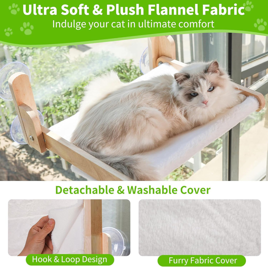 Cat Window Perch with Wooden Frame – Aloxina Foldable Cat Hammock Bed for Indoor Cats, Soft Rabbit Fur Cover