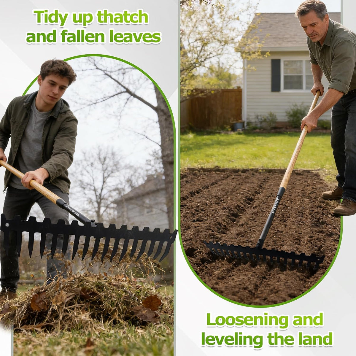 Garden Rake, 60" Wooden Handle with 17-Tine Metal Bow Rake, Secure Fit | Stop Back Pain! Rock Rake Heavy Duty for