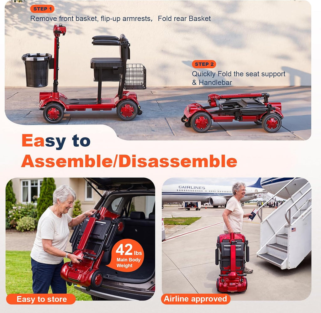 Lightweight Folding Mobility Scooter for Seniors & Adults, 42 lb Portable 4 Wheel Motorized Scooter, 20/40 Miles