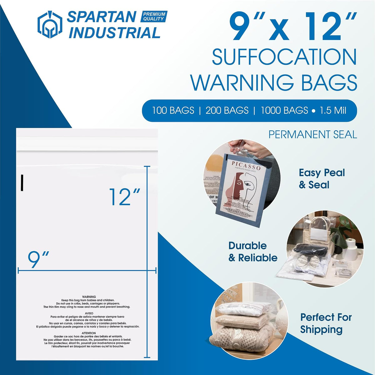 9" X 12" (1000 Count) Self Seal Clear Poly Bags with Suffocation Warning
