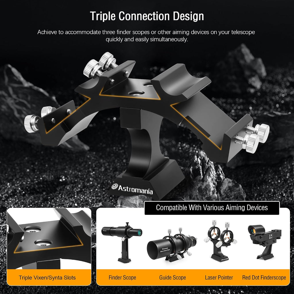 Finder Scope Mount, Finderscope Mount Bracket for Triple Finders | Adjustable Metal Aluminum Telescope Accessory
