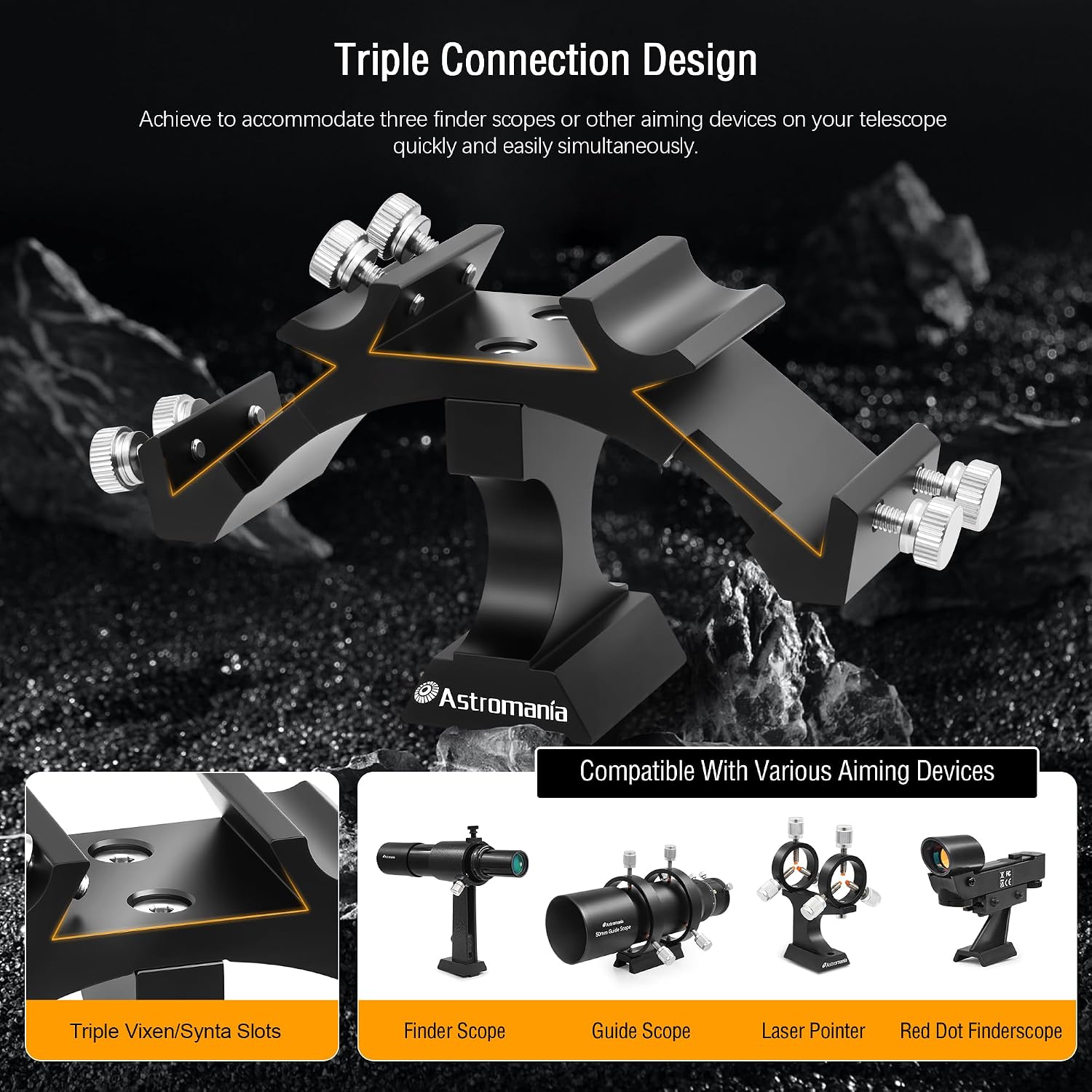 Finder Scope Mount, Finderscope Mount Bracket for Triple Finders | Adjustable Metal Aluminum Telescope Accessory