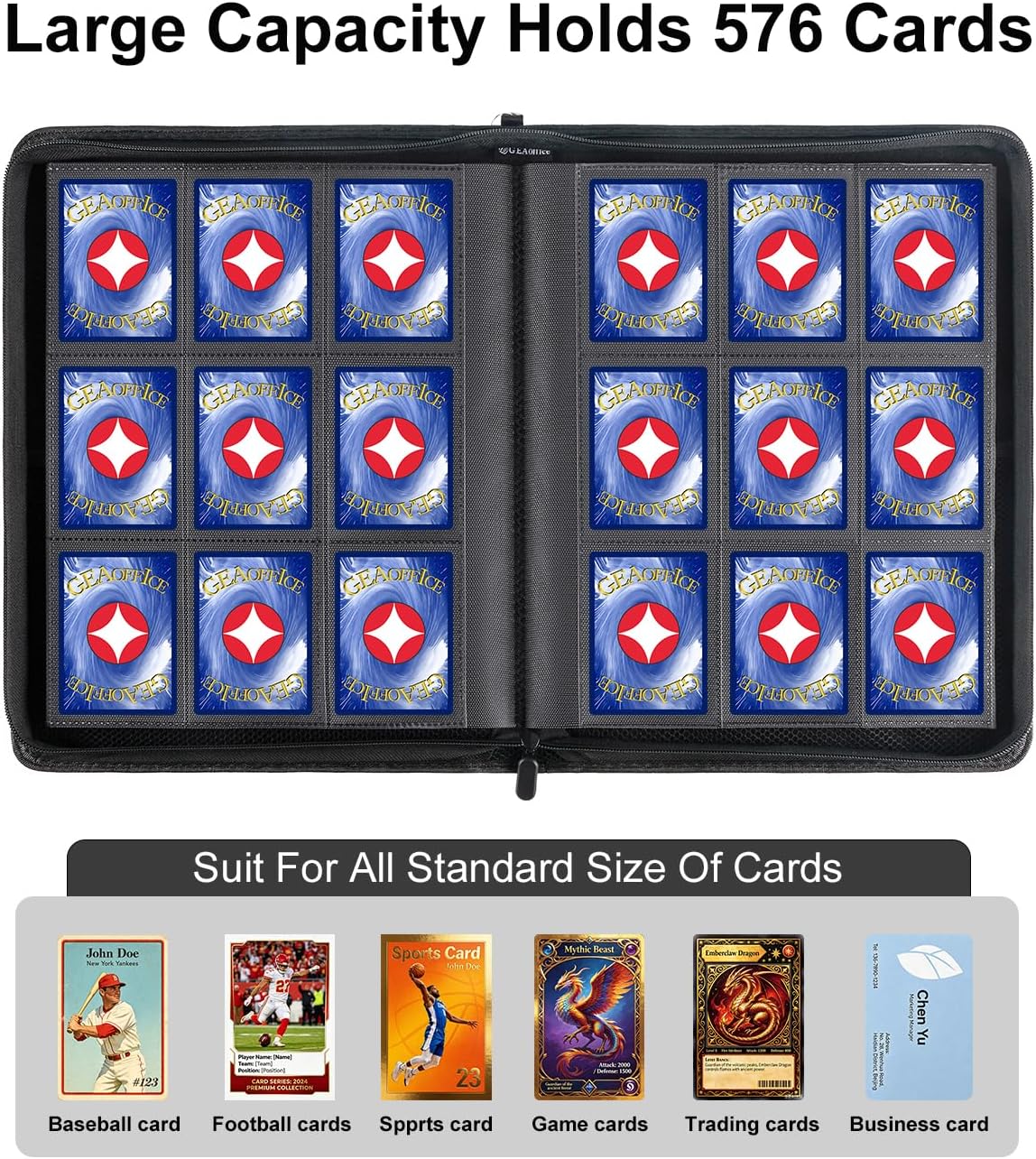 9 Pocket Trading Card Binder, Holds 576 Cards, Premium PU Zip Card Binder with Handle, Side-Loading Pockets, Fits