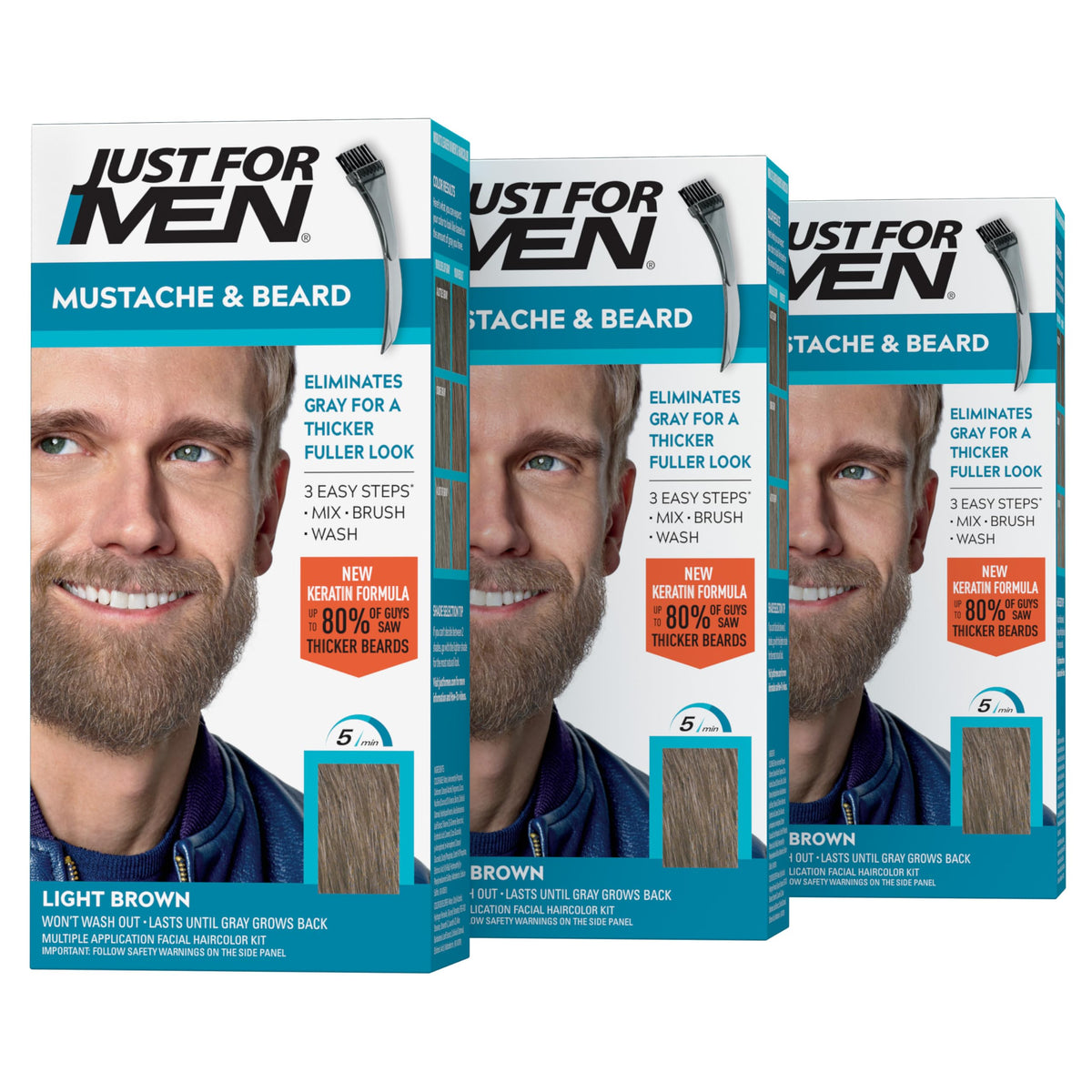 Mustache & Beard Dye, Keratin, Light Brown M-25 (3 Pack)