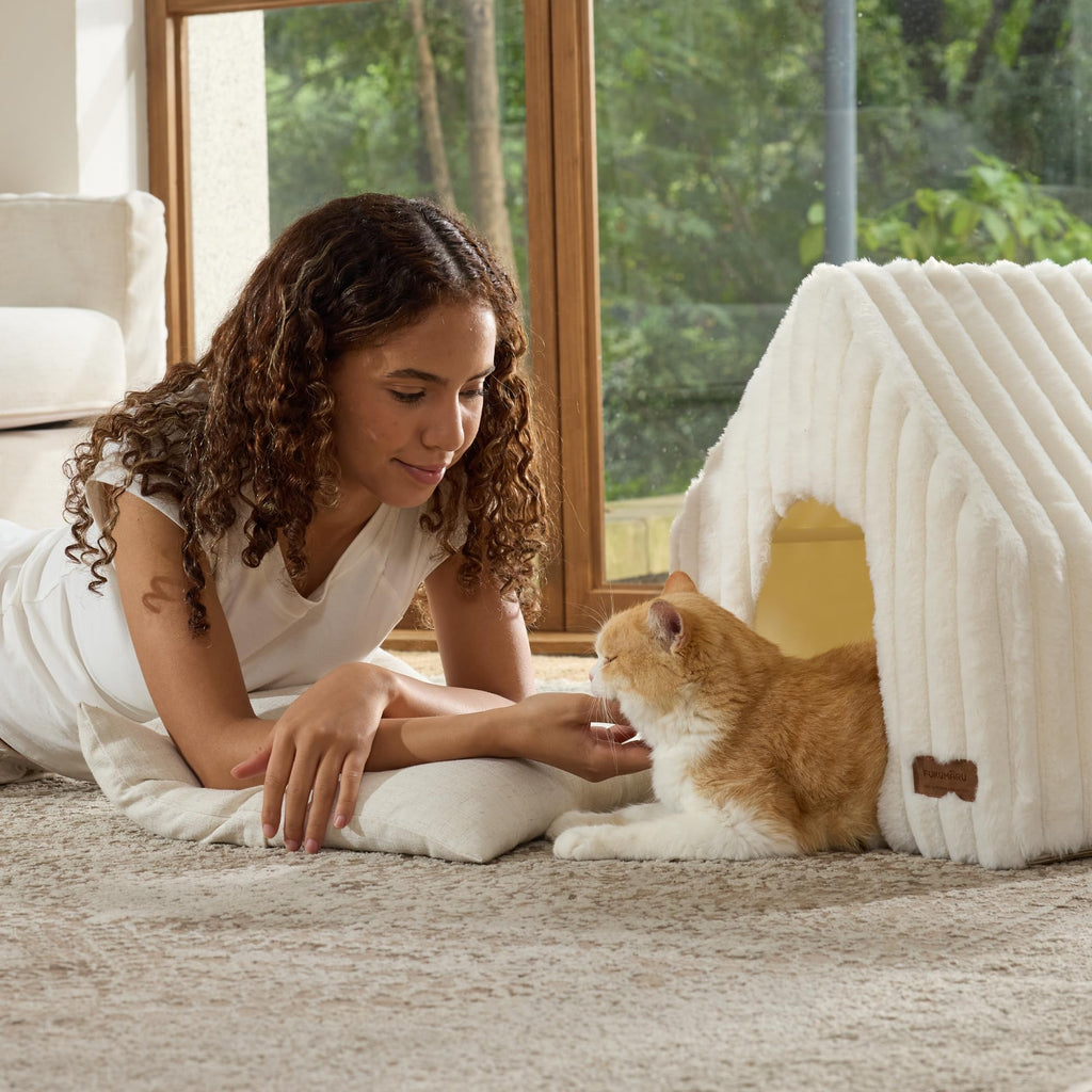 Cat Bed Cave, Enclosed Washable Covered Dog Bed with Support Frame