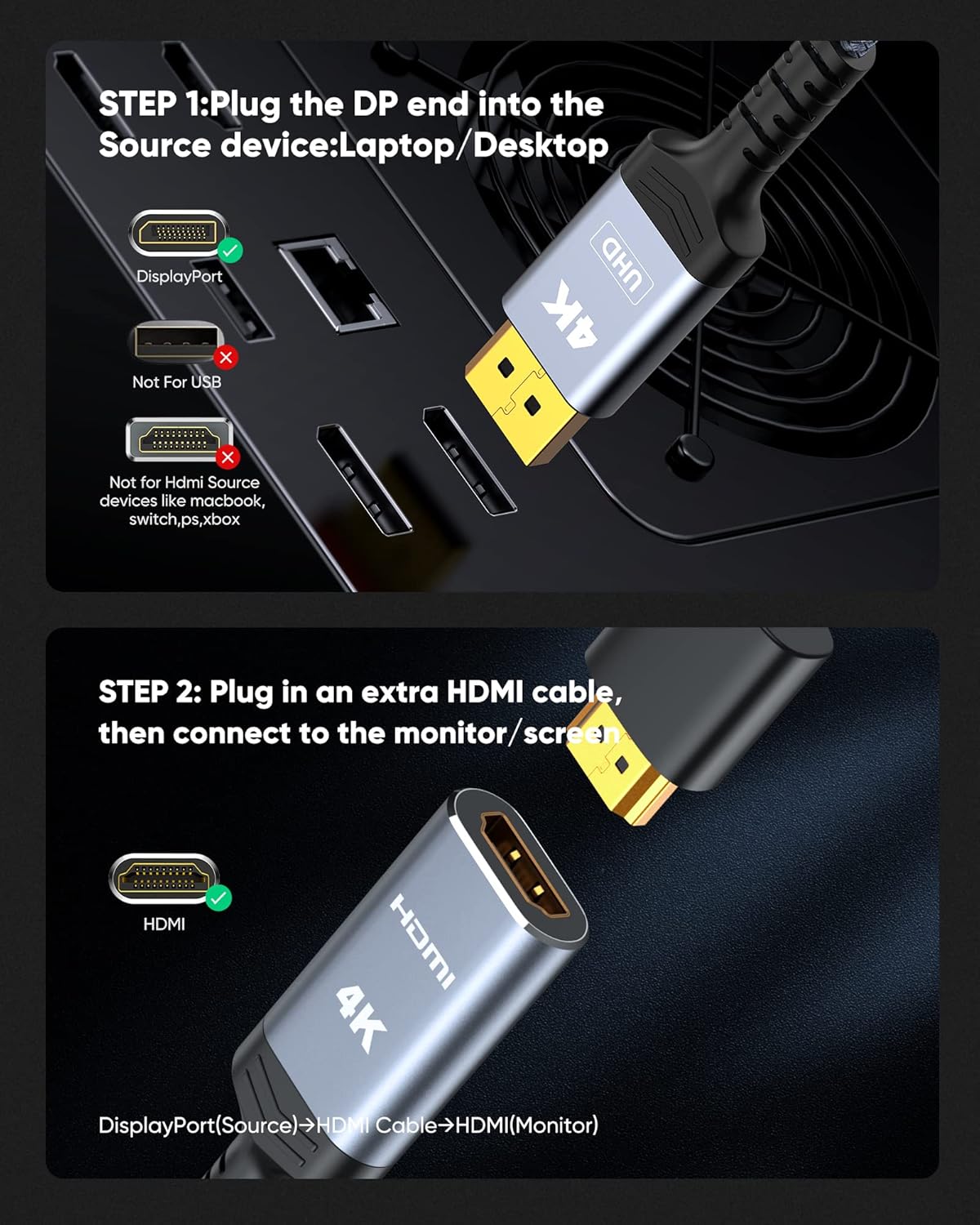 4K DisplayPort to HDMI Adapter, Unidirectional DP 1.2 to HDMI 1.4 | Uni-Directional DP 1.2 Computer to HDMI 2.0