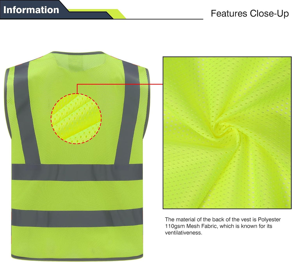 High Visibility Reflective Safety Vest | ANSI Class 2 Hi Vis Construction Work Vest with Multi Pockets, Breathable