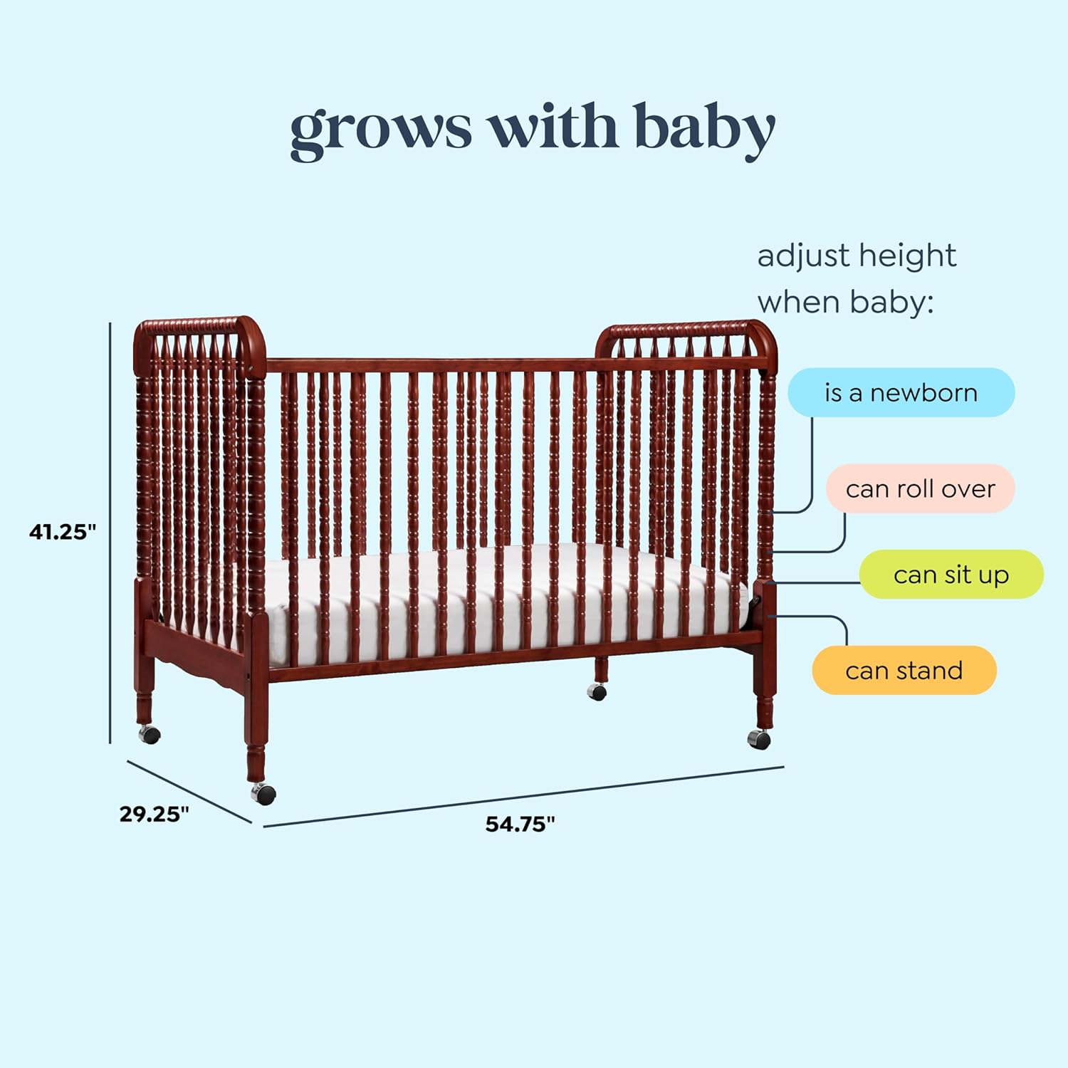Jenny Lind 3-in-1 Convertible Crib in Rich Cherry, Removable Wheels, Greenguard Gold Certified
