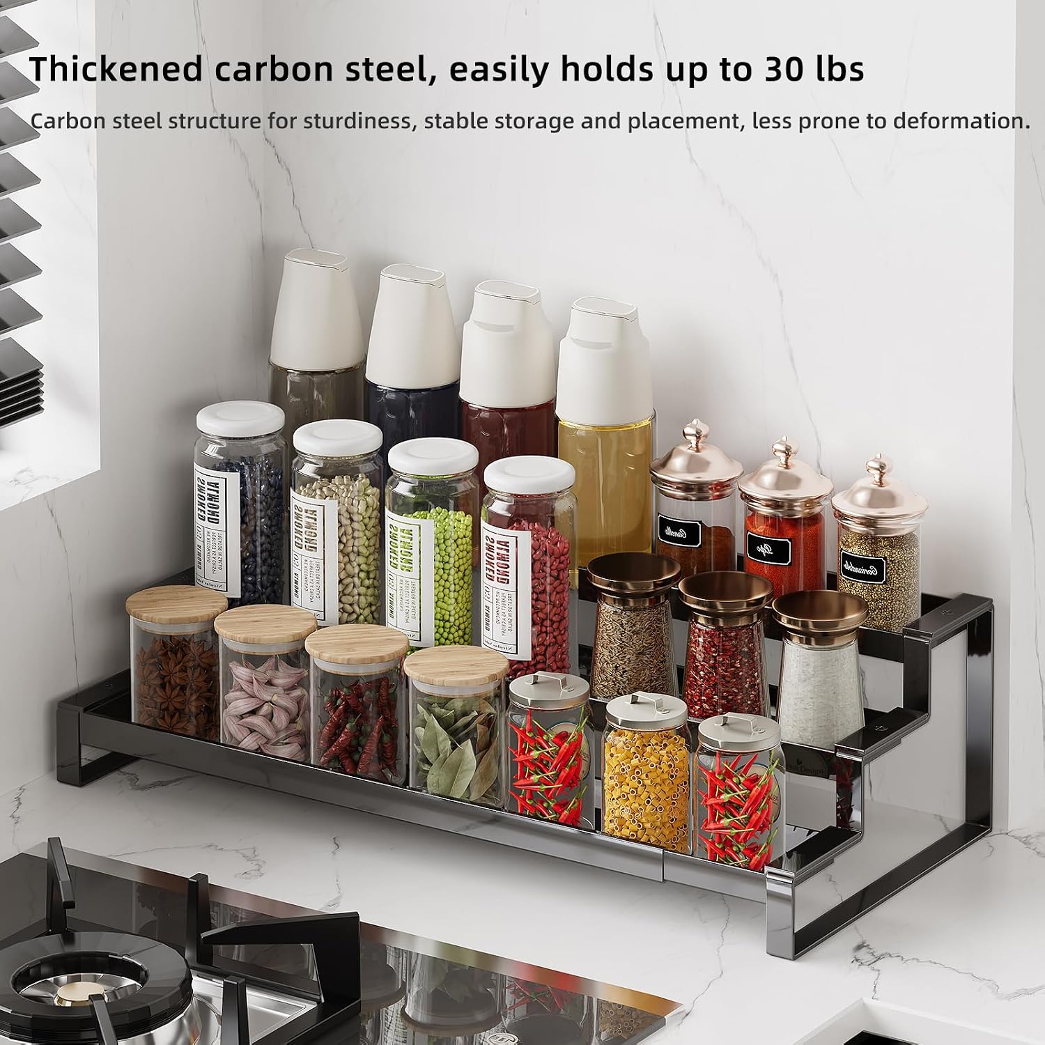 3 Tier Expandable Spice Rack Organizer, Heavy-Duty Black Metal Seasoning Organization Shelf for Cabinet, Kitchen &