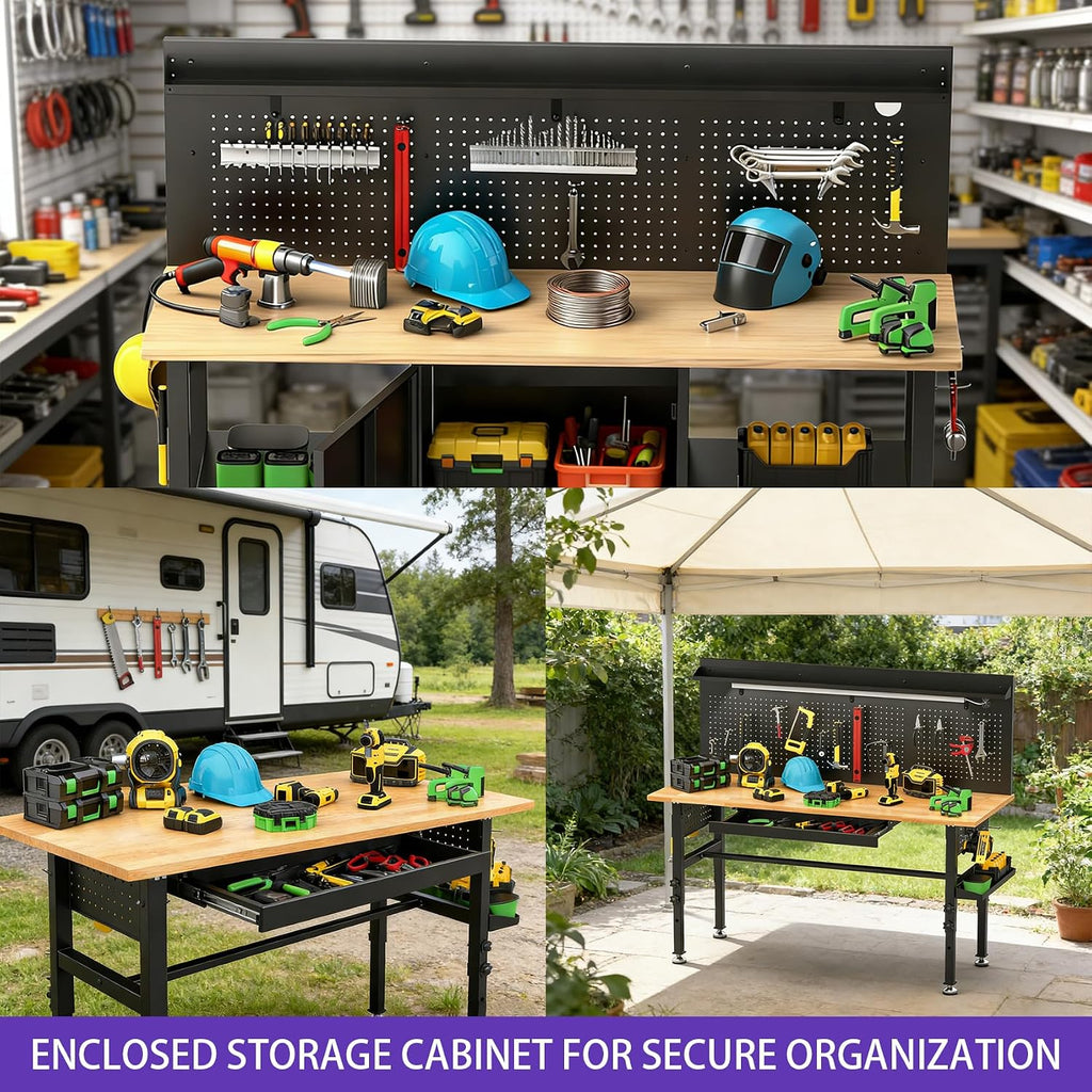 60 inch Workbench with Storage Locker and LED Lights, 2000 lb Capacity Heavy Duty Workbench for Garage, Height