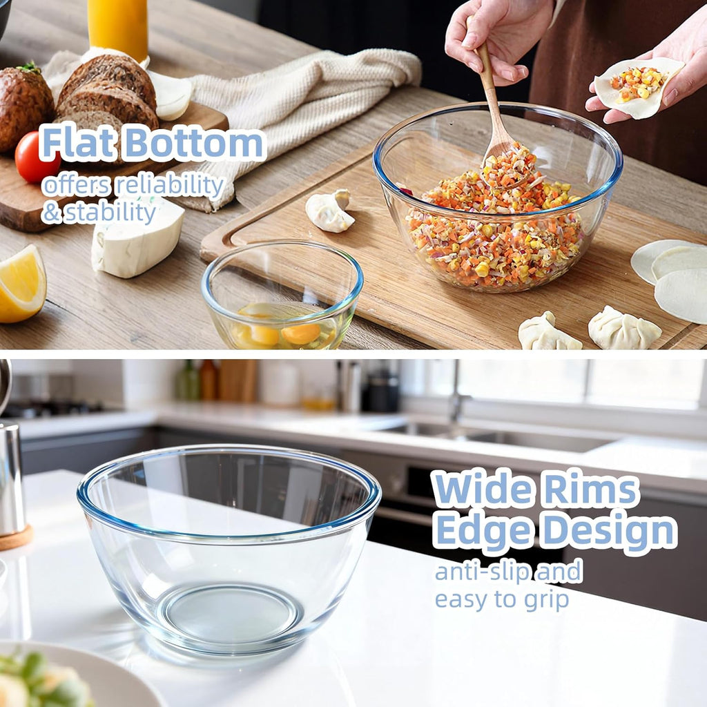 Glass Mixing Bowls Glass Bowls with Lids Set(4.5QT,2.7QT, 1.1QT),Large Salad Bowls,glass mixing bowl Space-Saving