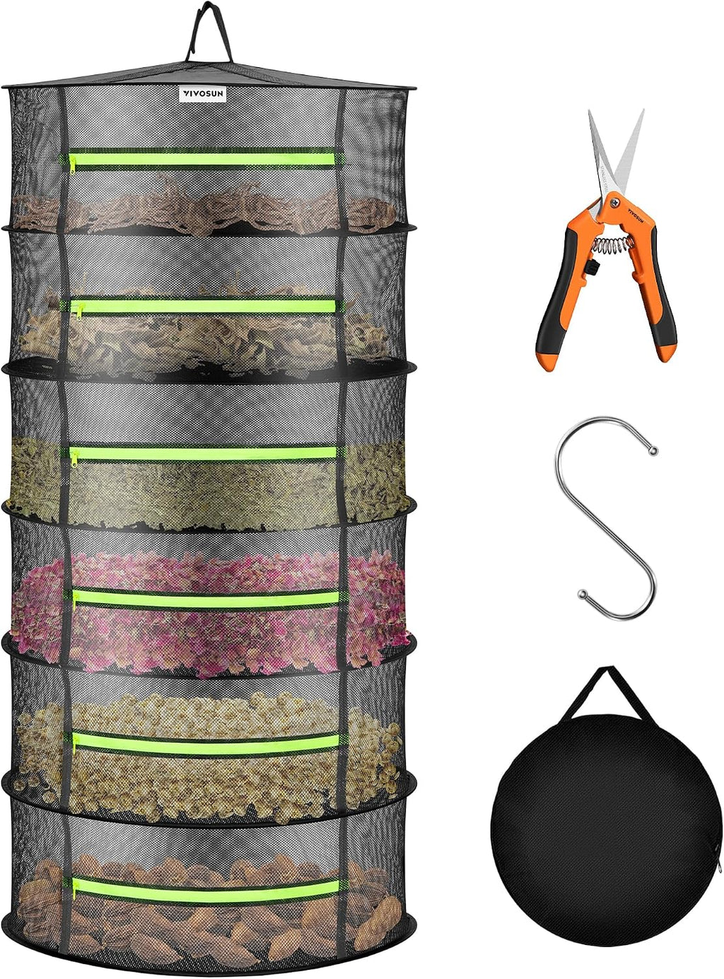 6-Layer Mesh Drying Rack Hanging Design with Green Zippers for Dehydrating, Indoor and Outdoor Pruning Shears Included