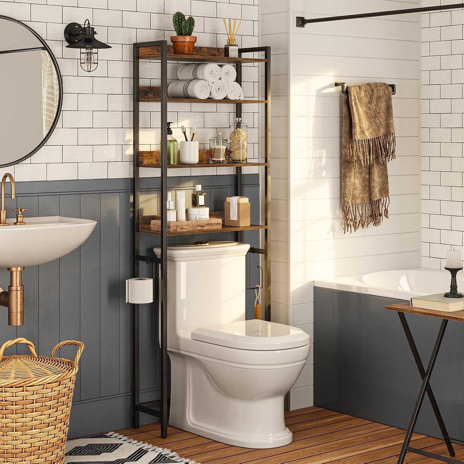 Over The Toilet Storage Rack, 4 Tier Bathroom Organizer Over Toilet, Freestanding Space Saver Toilet Stand with 2