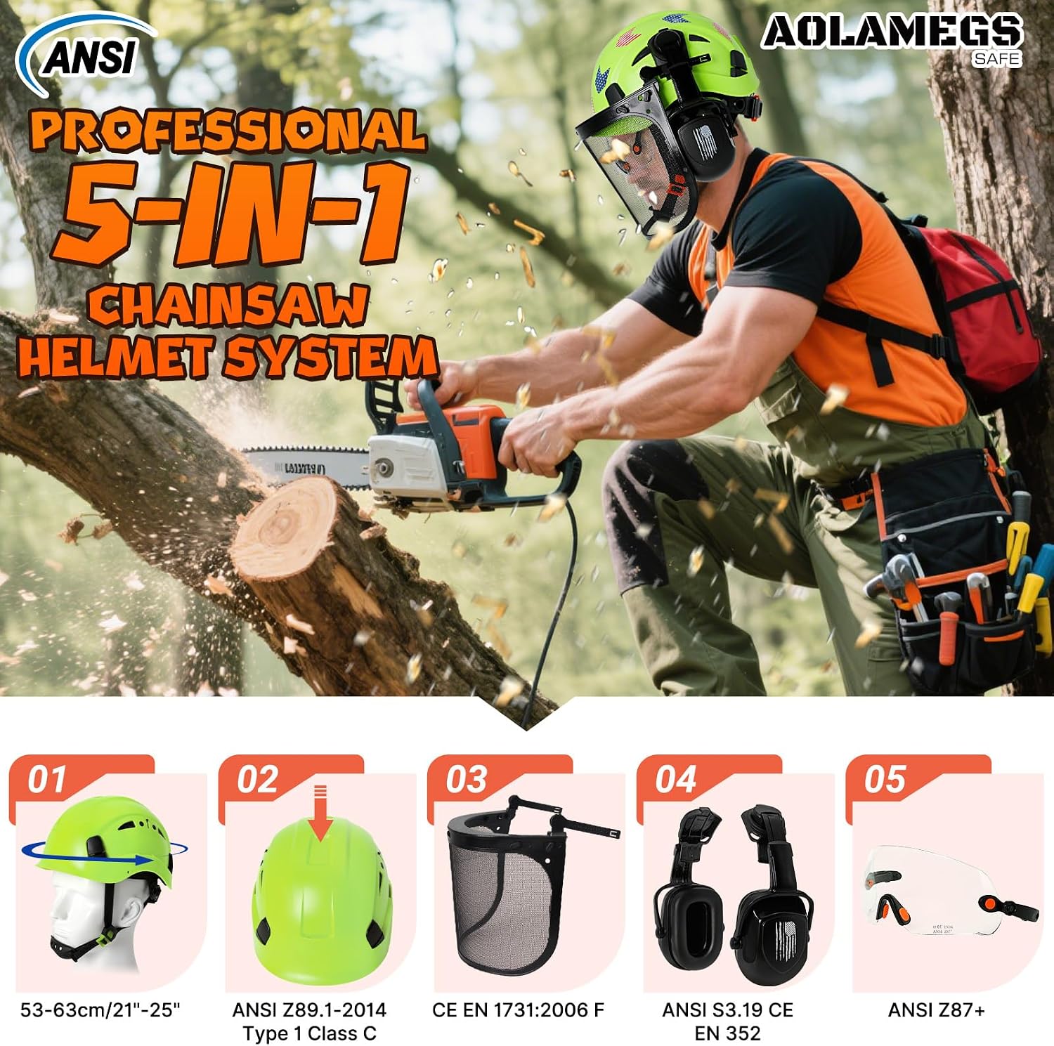 Chainsaw Helmet with Face Shield and Ear Muffs Visor-Vented Arborist Helmet with Hearing Protection & Mesh Full Face