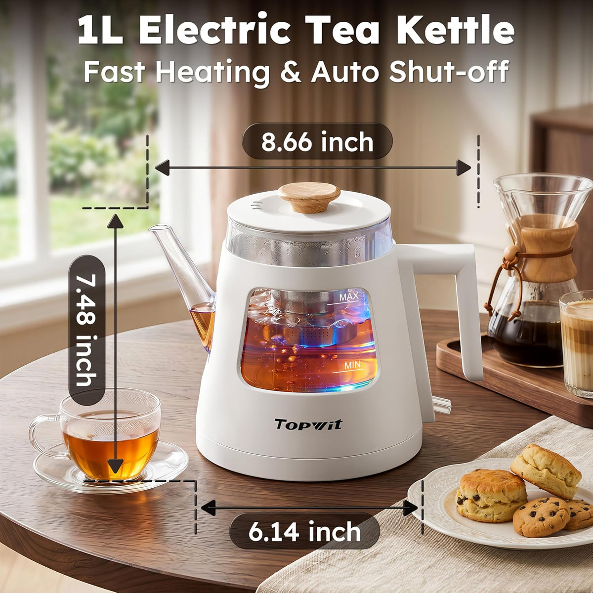 1L Gooseneck Electric Tea Kettle, Glass Electric Kettle, BPA-free | Removable Stainless Steel Tea Infuser, Visible