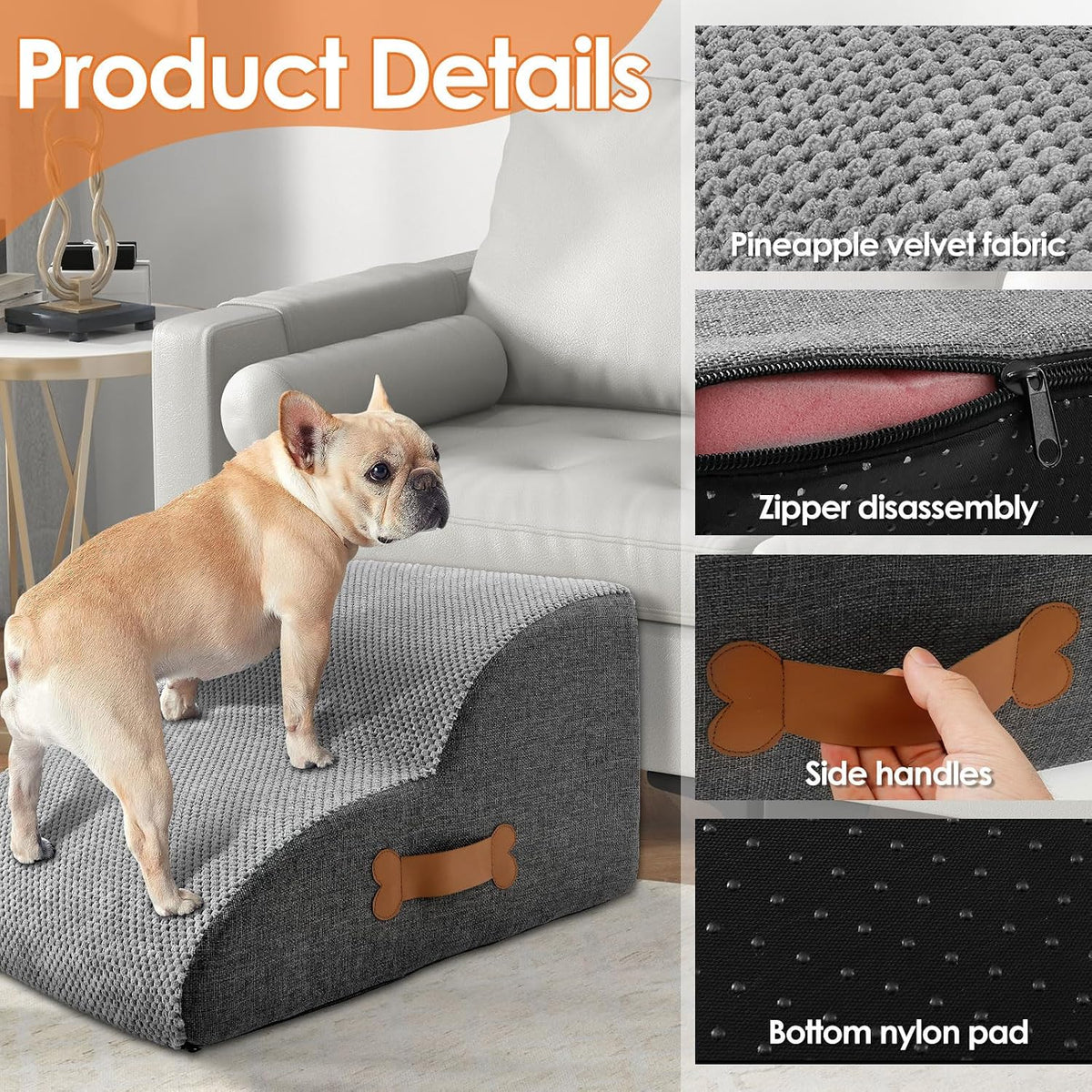 Cat/Dog Ramp Stair Stable, 2/3 Step Small Dog Stair Safe Sponge Filling Pet Ladder Ramp, Nonslip Bottom for Cat Puppy