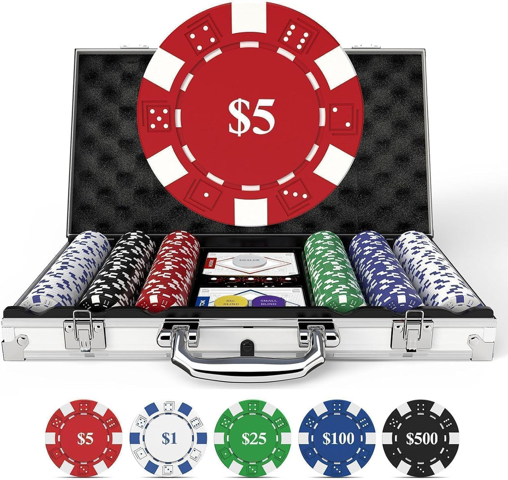 300pc Poker Chip Set 11.5g Iron Core Denominations Texas Holdem | 2-8 players, numbered values 1/5/25/100/500