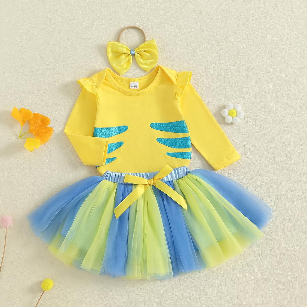 Newborn Baby Girl Halloween Outfit Flounder Costume Long Sleeve Romper with Tutu Skirt Infant Halloween Costumes
