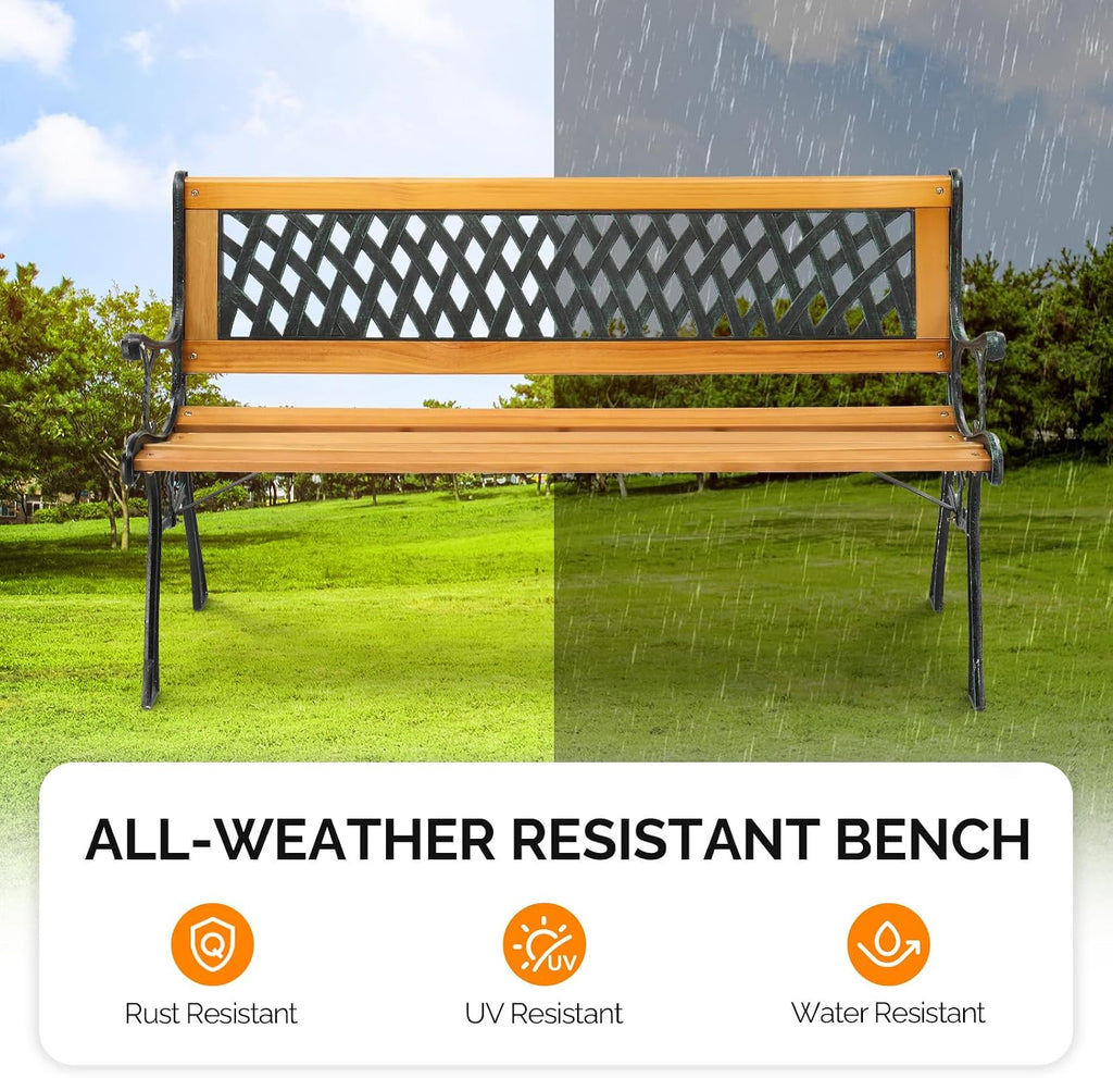 Outdoor Bench, Weather Resistant Cast Iron Frame＆Teak Wood Seat w/PVC Backrest, 3-Person 470lbs Capacity Garden Bench