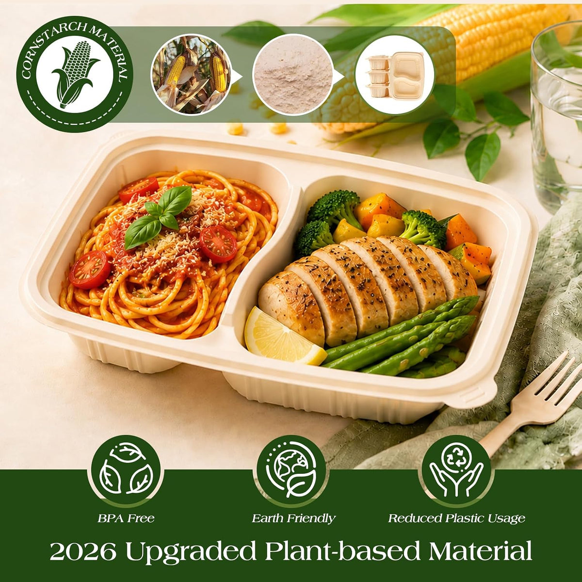 Glotoch 50 Pack (100-Piece) 32oz-2 Comp Meal Prep Containers with Lids