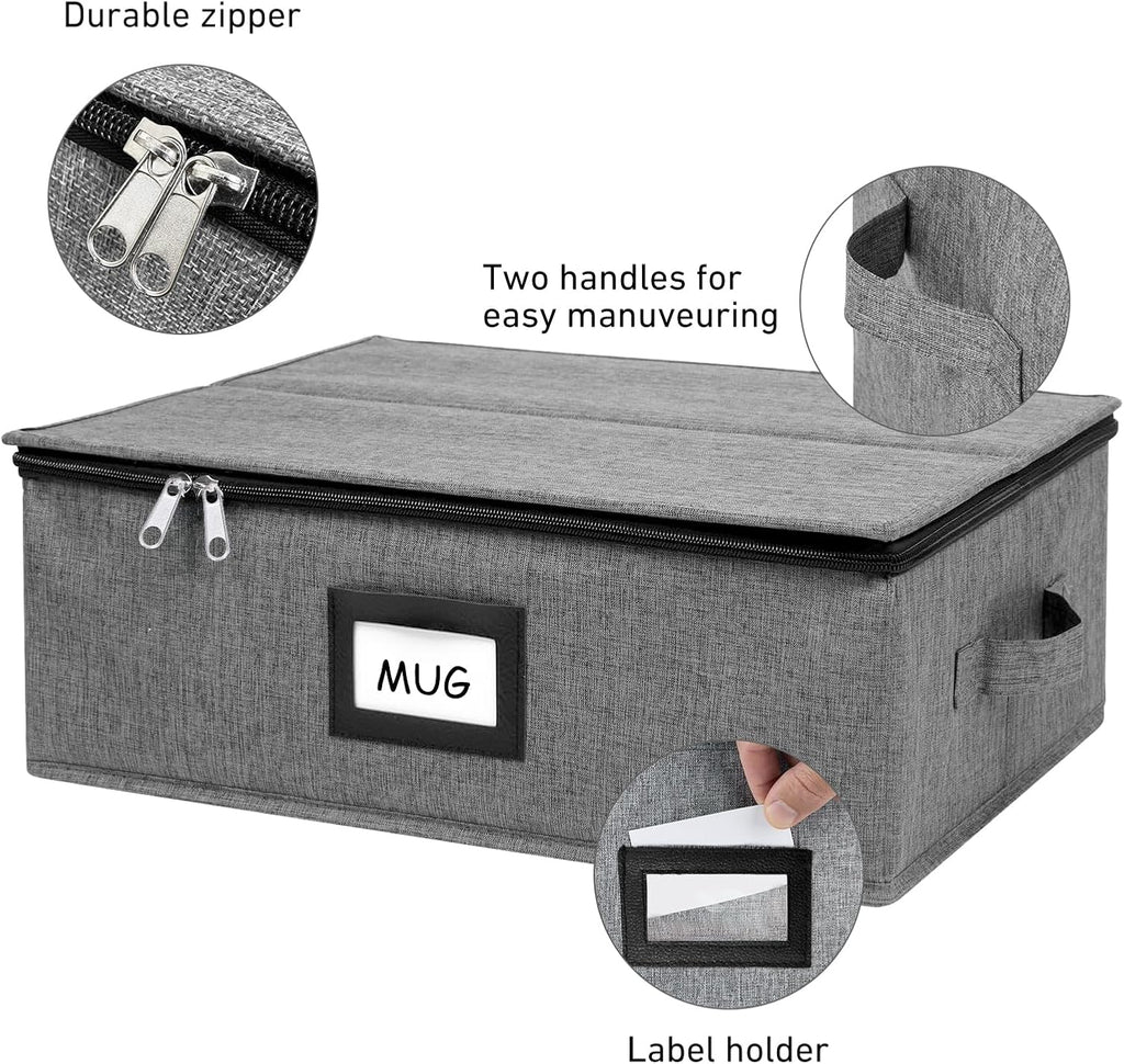 Mug Storage Box with 12 Compartments, Gray Hard Shell Container, Padded Dividers, Dual Handles, Zipper Lid for Coffee